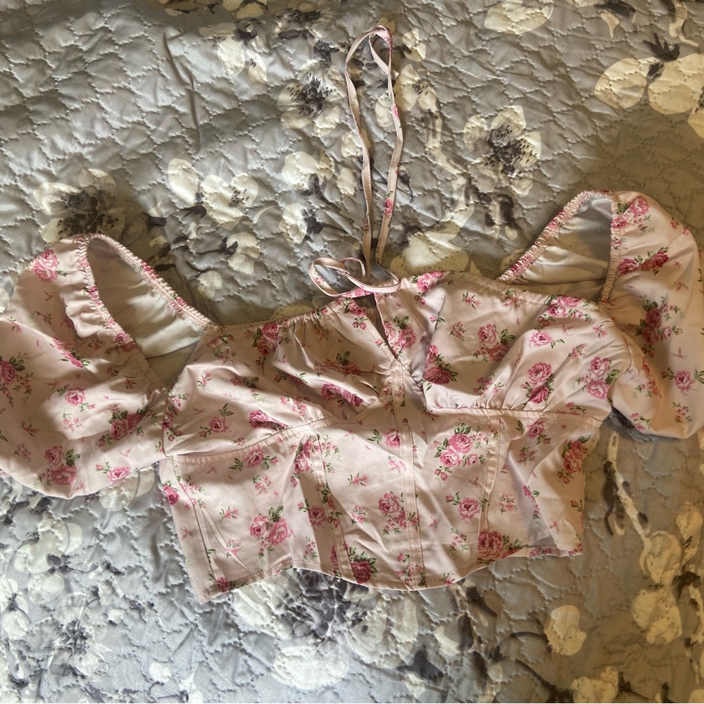 Floral Pink Puff Sleeve Crop Top